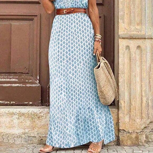 Blue Boho Women's Print Wrapped V-Neck Cross Batwing Sleeve Slit A-Line Dress - Picture 3 of 5